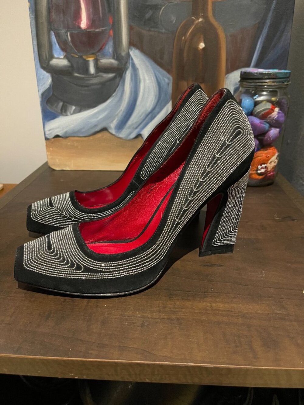 Black Suede Studded Pumps Flared Architectural Heel EU 39.5